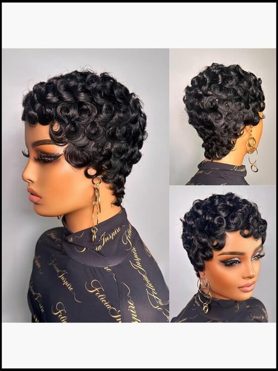 Short Pixie Cut Wig Human Hair Finger Wave Style Pin Curls Glueless Daily Wear